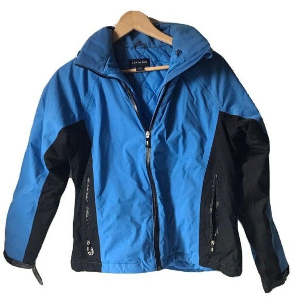 Lands End Hooded Winter Ski Jacket‎ Coat Blue Quilted Lining Zip Women XS 2-4